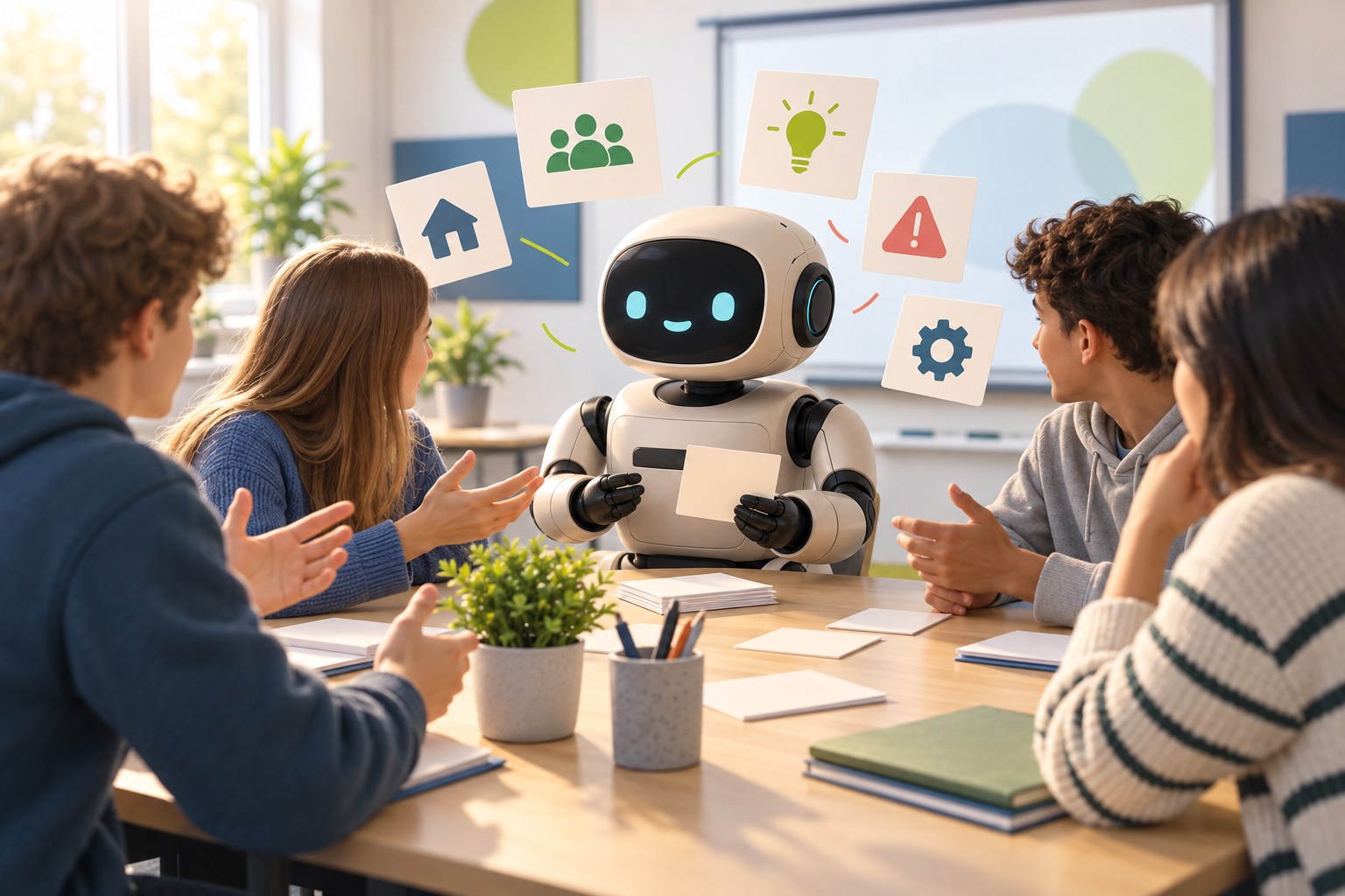 Vier Lernende diskutieren in einer Gruppe über KI, während der Kursroboter Ideen sammelt.