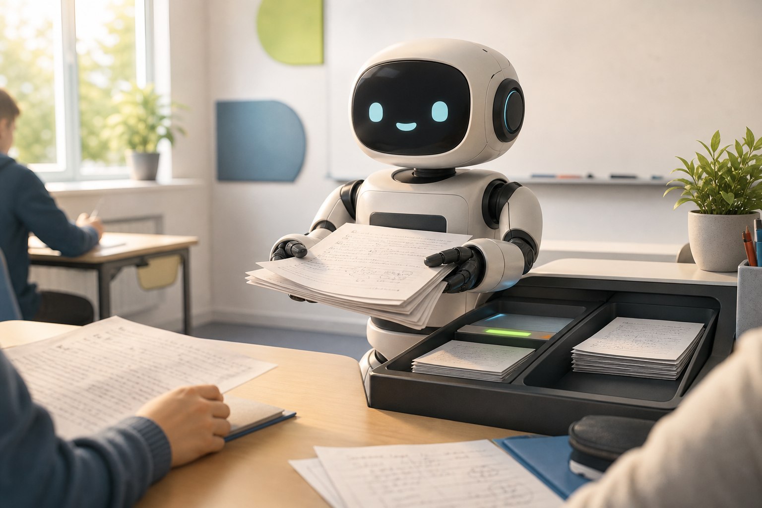 Ein Roboter sammelt Klassenarbeiten zur automatischen Auswertung ein.