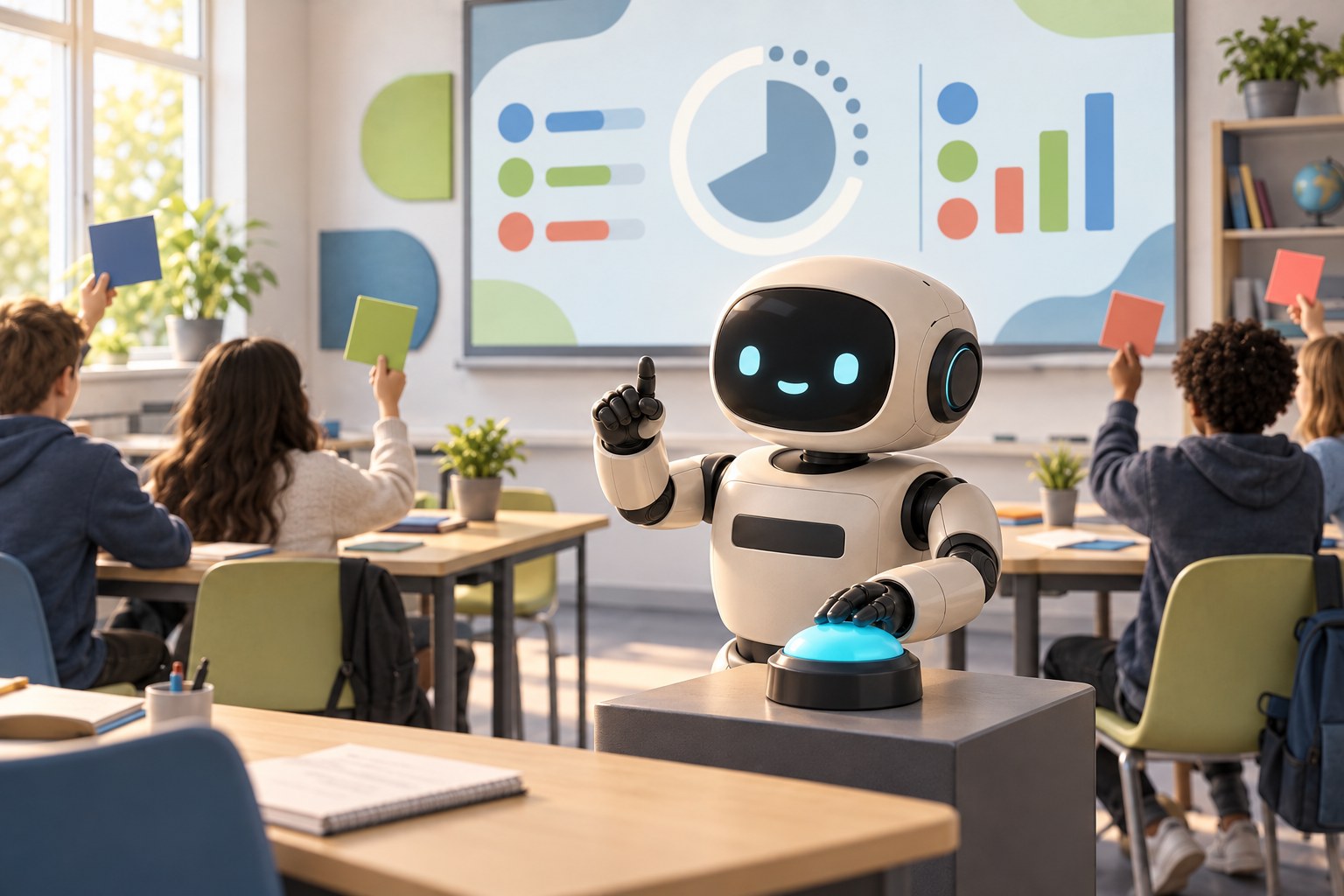 Der Kursroboter moderiert ein gemeinsames Quiz mit mehreren Lerngruppen.