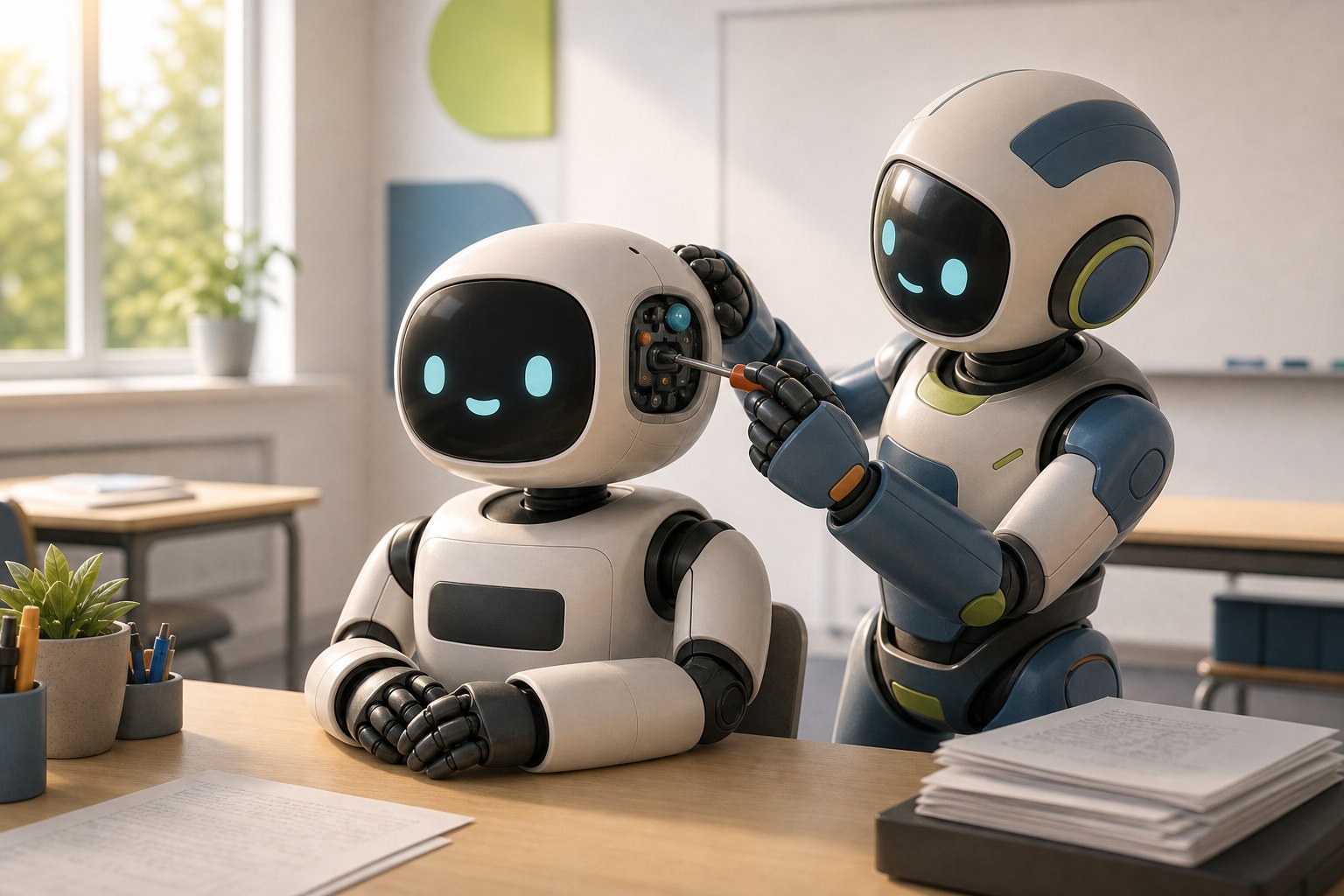 Ein zweiter Roboter stellt mit einem Schraubenzieher den Kopf des Prüfungsroboters ein.