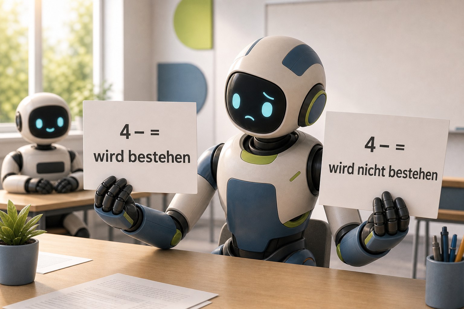 Der Trainingsroboter hält zwei Zettel: Auf beiden steht die Note 4−, aber einmal wird der Kurs bestanden und einmal nicht.