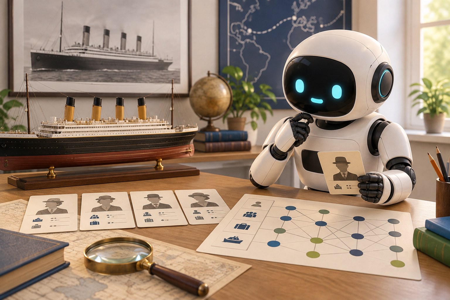 Ein freundlicher Roboter untersucht Passagierkarten, ein vereinfachtes neuronales Netz und ein Modell der Titanic.